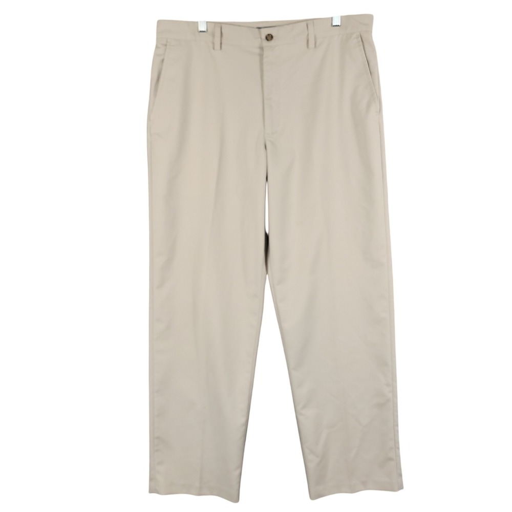 IZOD Golf Pants Mens 36x32 Kahki Tan Performance XFG Flat Front Chino Trousers